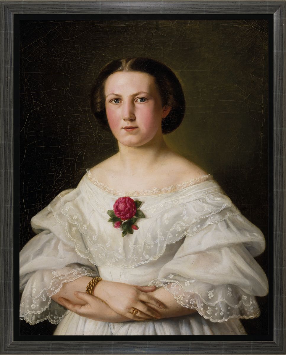 Detail k: Ferdinand Theodor Hildebrand, 1804-1874, Porträt, junge Frau im weißen Spitzenkleid, sehr hohe Stofflichkeit, feines Inkarnat, die Junge Frau ...