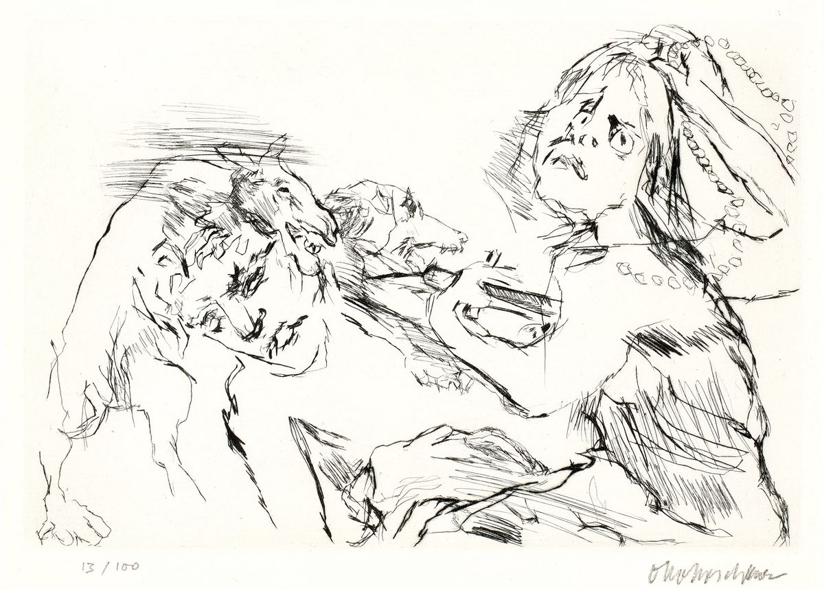 Oskar Kokoschka, 1886-1900, Kaltnadelradierung auf handgeschöpftem Auvergne-Bütten, Titel: Penthesilea tötet sich, handsign., num. 13/300, mit dem ...