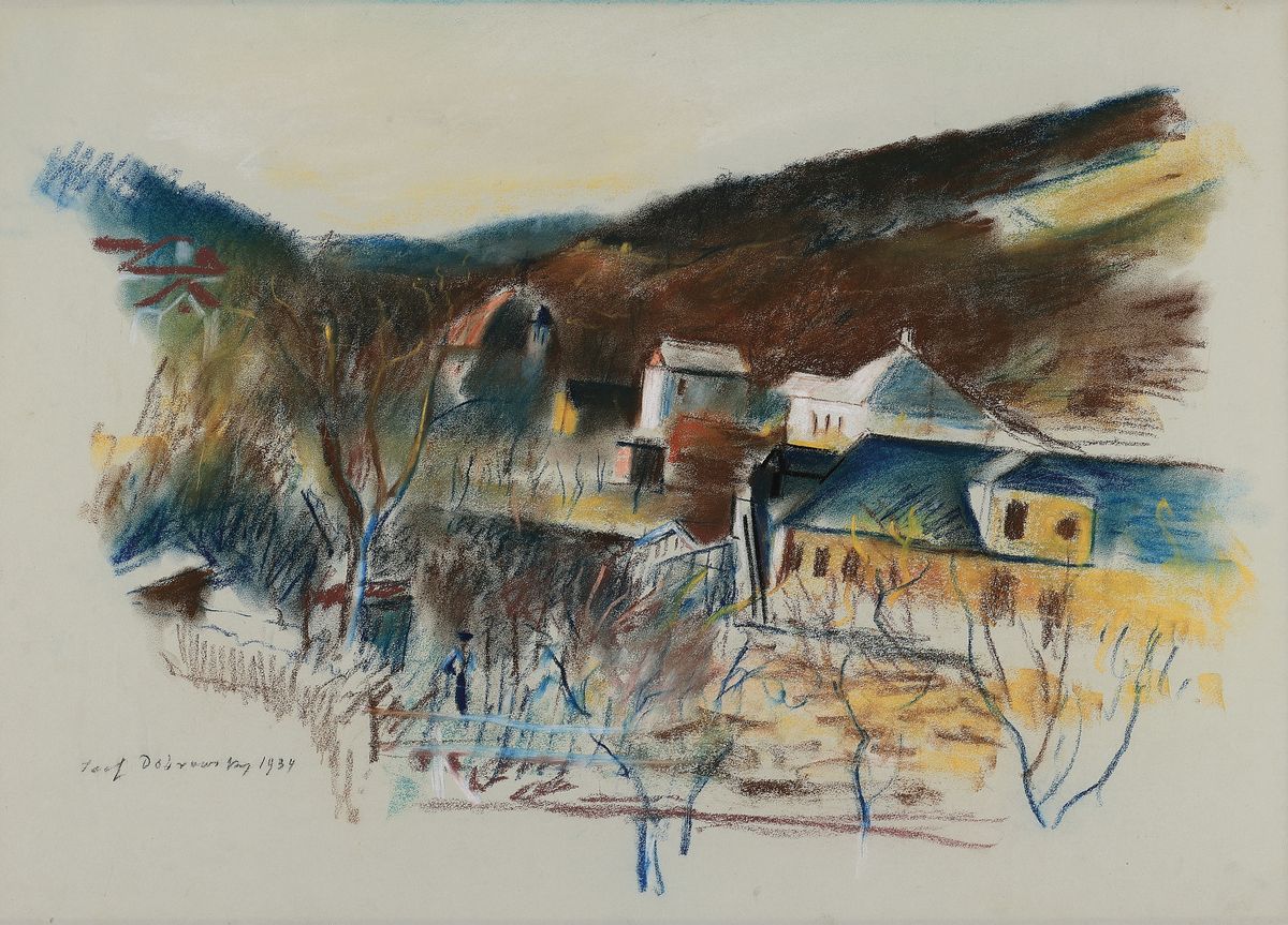 Josef Dobrowsky 1889, Aquarell, Gouache und Pastell auf grünlichen Bütten auf Karton montiert, Stadtansicht, handsign., dat. 1934, ca. 46,3x64 cm, ...
