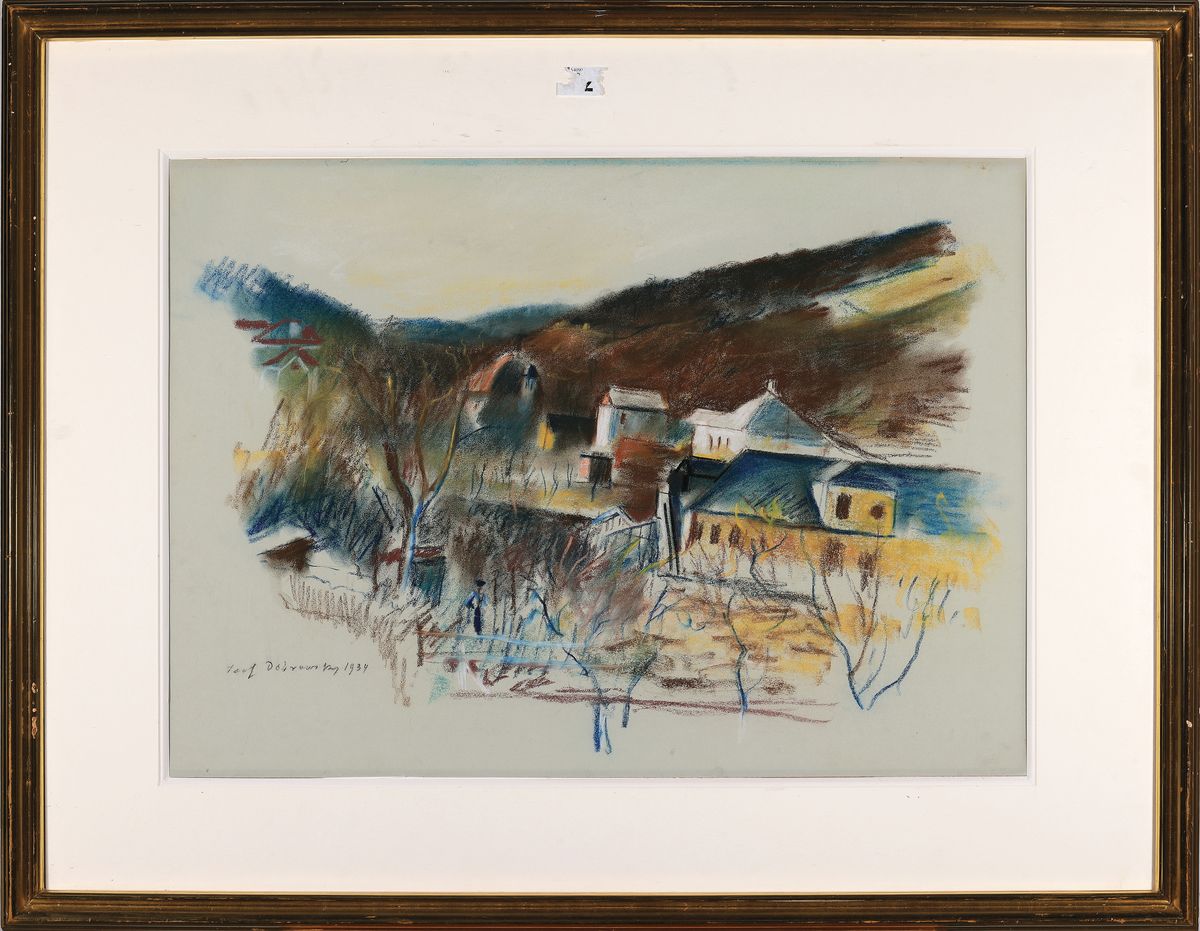 Detail k: Josef Dobrowsky 1889, Aquarell, Gouache und Pastell auf grünlichen Bütten auf Karton montiert, Stadtansicht, handsign., dat. 1934, ca. 46,3x64 cm, ...