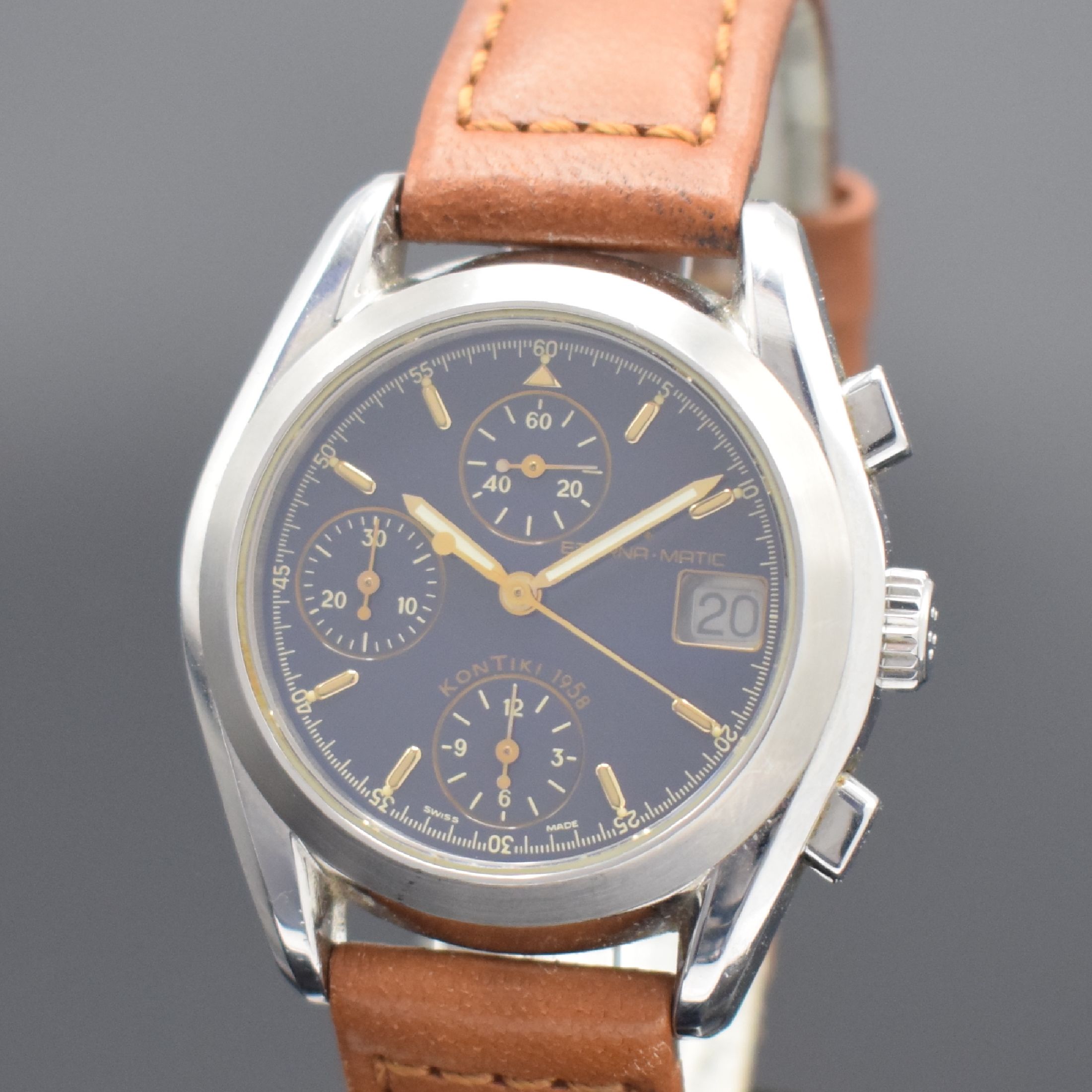 Detail a: ETERNA Kontiki Herrenchronograph in Stahl Referenz 685 1575.41, Schweiz lt. orig. Pap. verk. 2009, Automatik, Stahlgeh., neutr. Lederband, Boden und ...