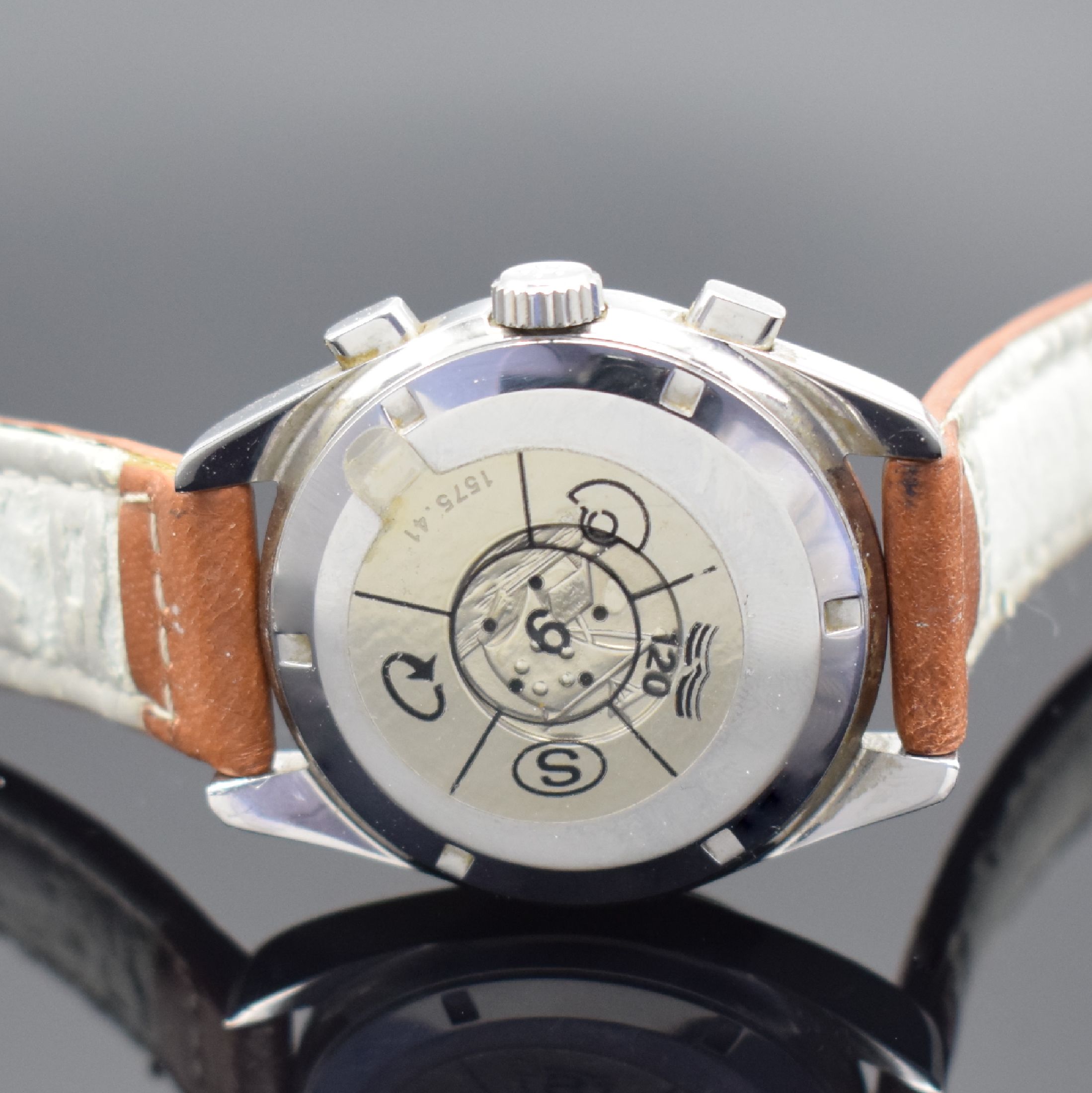 Detail c: ETERNA Kontiki Herrenchronograph in Stahl Referenz 685 1575.41, Schweiz lt. orig. Pap. verk. 2009, Automatik, Stahlgeh., neutr. Lederband, Boden und ...