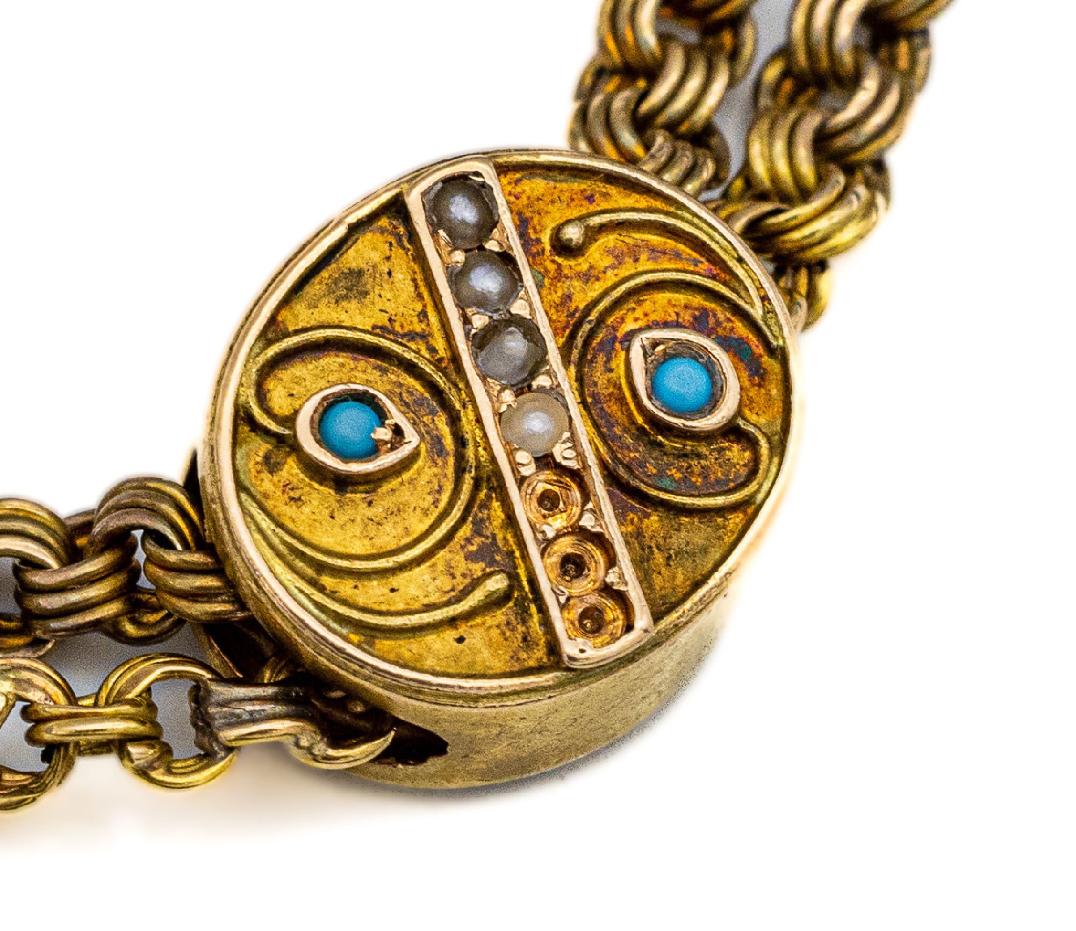 Detail a: 14 kt Gold Collier mit Kettenschieber, wohl Österreich um 1900, GG 585/000, Meistermarke AF ungedeutet, Schieber mit Türkis- und Perlchenbesatz ...