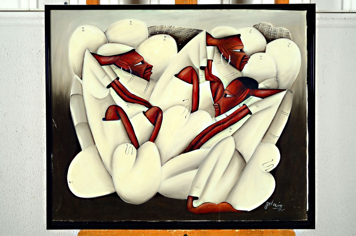 J.N. Louis, zeitgenössischer Künstler , verschlungene Gruppe Afrikaner, rechts unten signiert u. datiert (19)95, Öl/Lwd, Rahmen, 51x61 cm