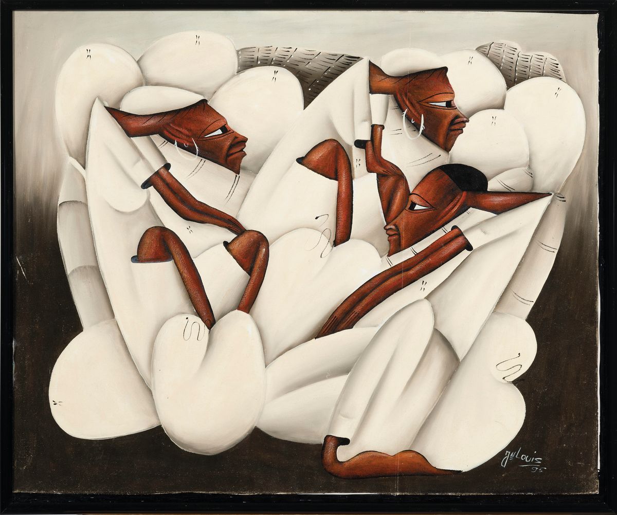 Detail k: J.N. Louis, zeitgenössischer Künstler , verschlungene Gruppe Afrikaner, rechts unten signiert u. datiert (19)95, Öl/Lwd, Rahmen, 51x61 cm