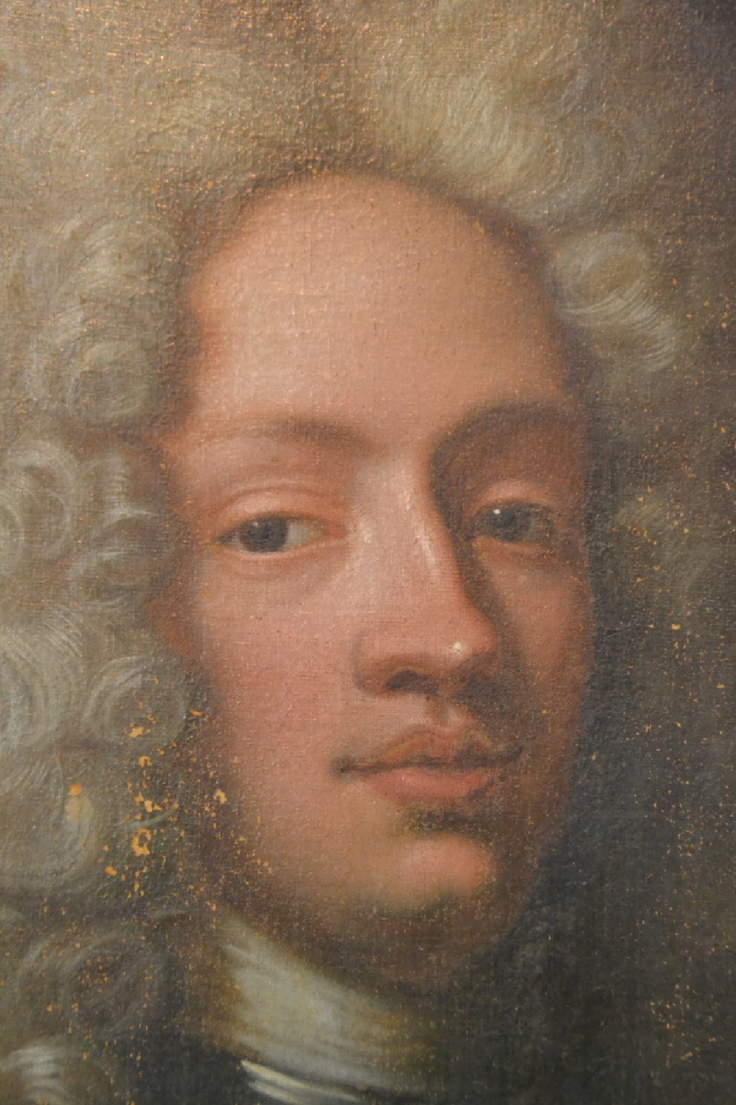 Detail c: Unbekannter Künstler des 18. Jh., Porträt eines jungen Mannes mit Harnisch und Allongeperücke, Öl/Lwd, mit mehreren Farbfehlstellen, ...