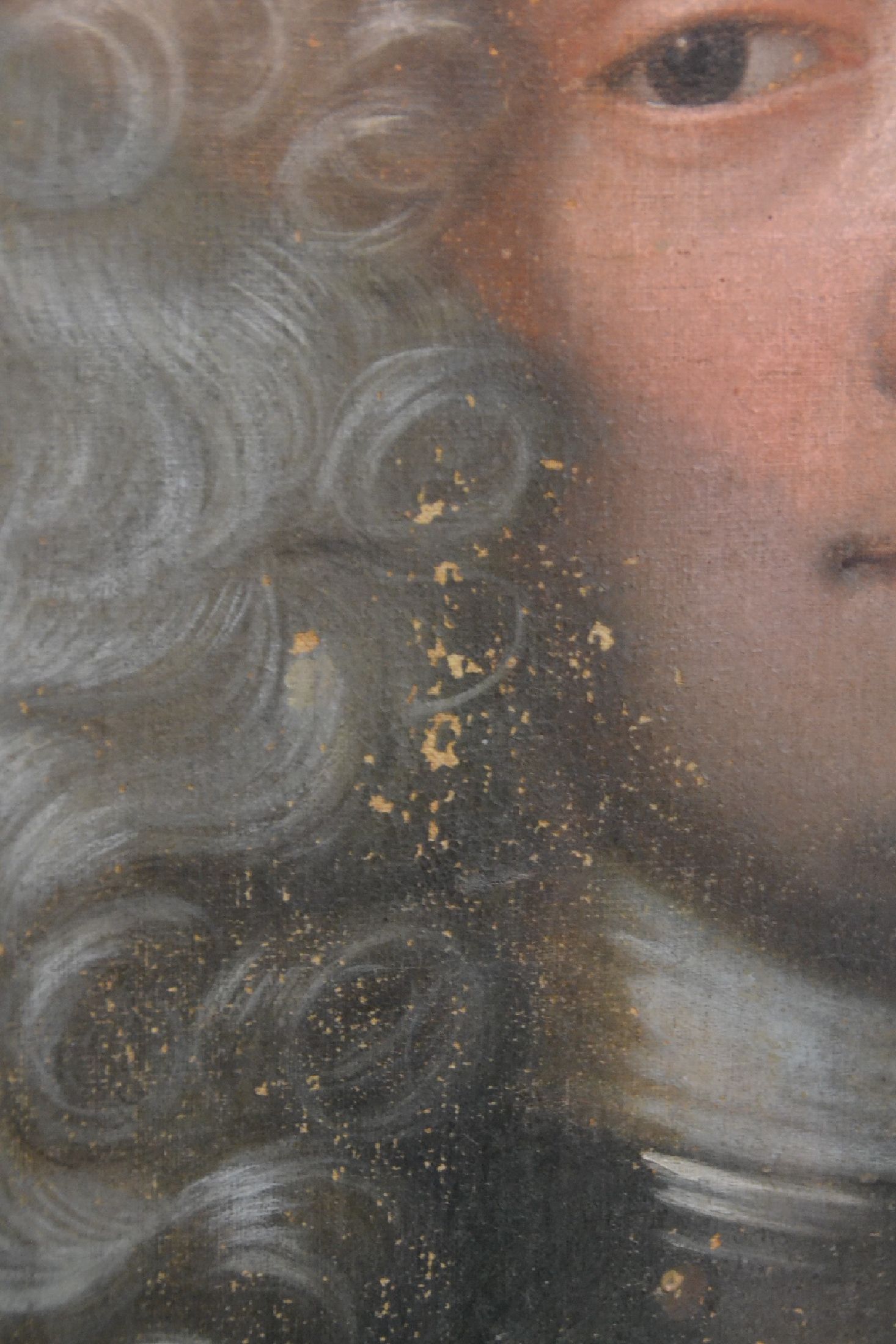 Detail d: Unbekannter Künstler des 18. Jh., Porträt eines jungen Mannes mit Harnisch und Allongeperücke, Öl/Lwd, mit mehreren Farbfehlstellen, ...