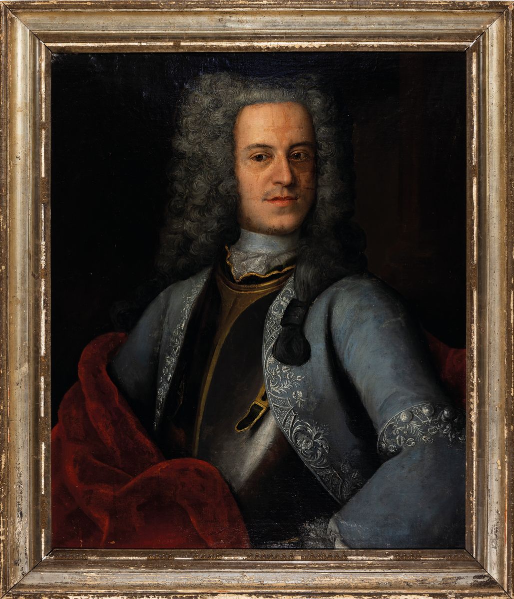 Detail k: Unbekannter Künstler des 18. Jh., Porträt eines Mannes mit Harnisch und Perücke, Öl/Lwd, rest., doubl., ca. 80x67cm, R. ca. 90x77cm