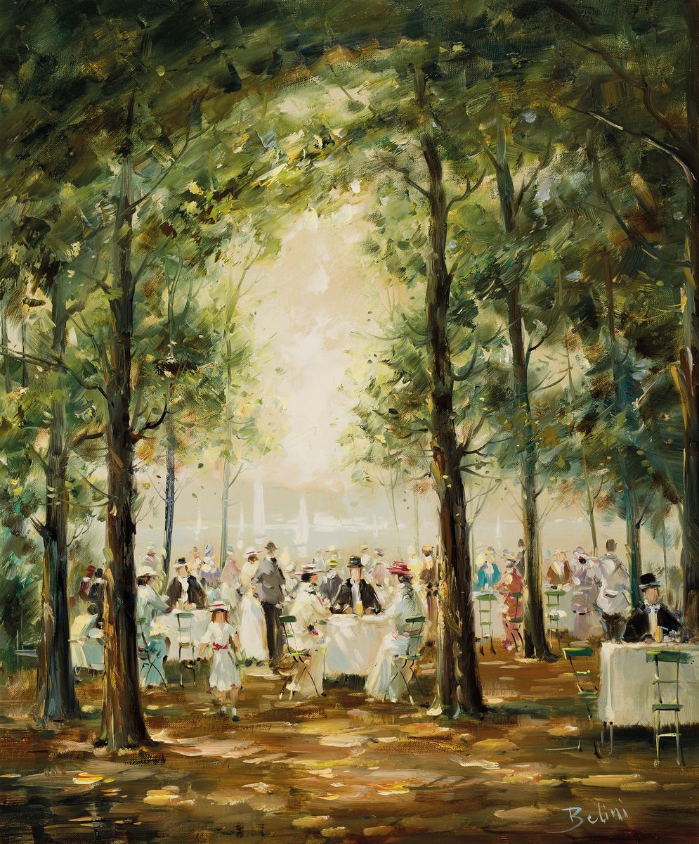 Belini, Künstler der 2.Hälfte des 20.Jh., sommerliche Gartenszene, Gesellschaft im Schatten der Bäume, impressionistischer Stil, signiert, ...