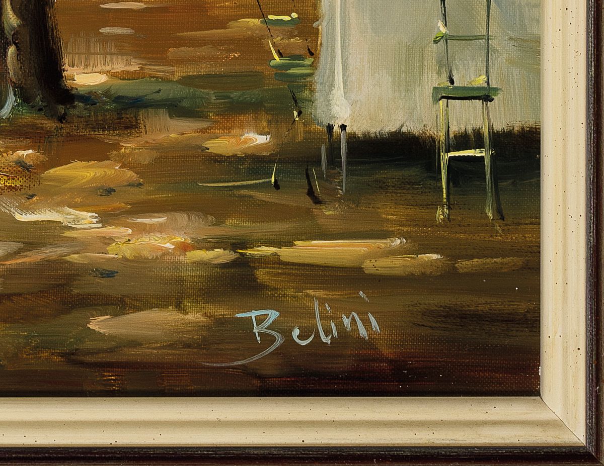 Detail a: Belini, Künstler der 2.Hälfte des 20.Jh., sommerliche Gartenszene, Gesellschaft im Schatten der Bäume, impressionistischer Stil, signiert, ...