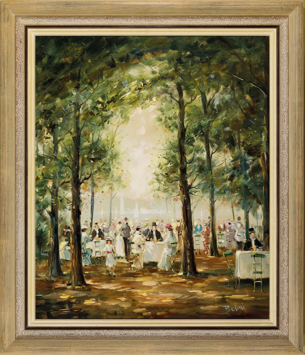 Detail k: Belini, Künstler der 2.Hälfte des 20.Jh., sommerliche Gartenszene, Gesellschaft im Schatten der Bäume, impressionistischer Stil, signiert, ...