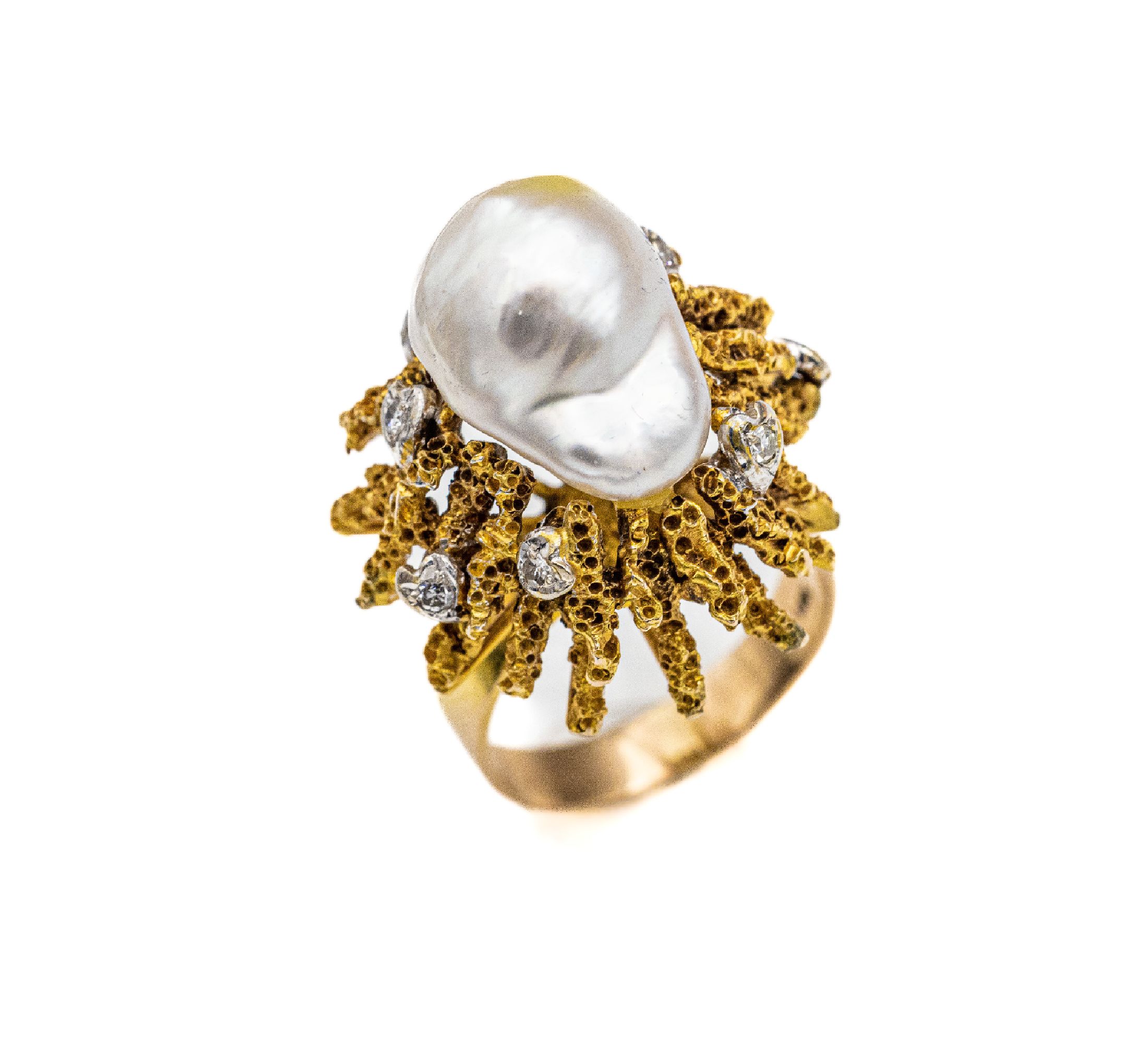 14 kt Gold Südseezuchtperl-Diamant-Ring, GG/WG 585/000, mittige sogn. Monsterperle, D. ca. 12 mm, strukt., stäbchenf. Ringkopf mit 8 in WG ...