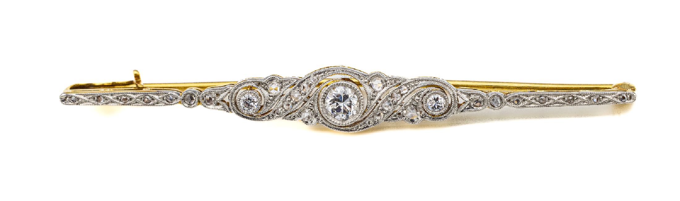 18 kt Gold Art-Deco Diamant-Brosche, um 1920, GG/WG 750/000, in WG gefasste Altschliff- diamanten und Diamantrosen zus. ca. 0.40 ct Weiß-l. get. ...