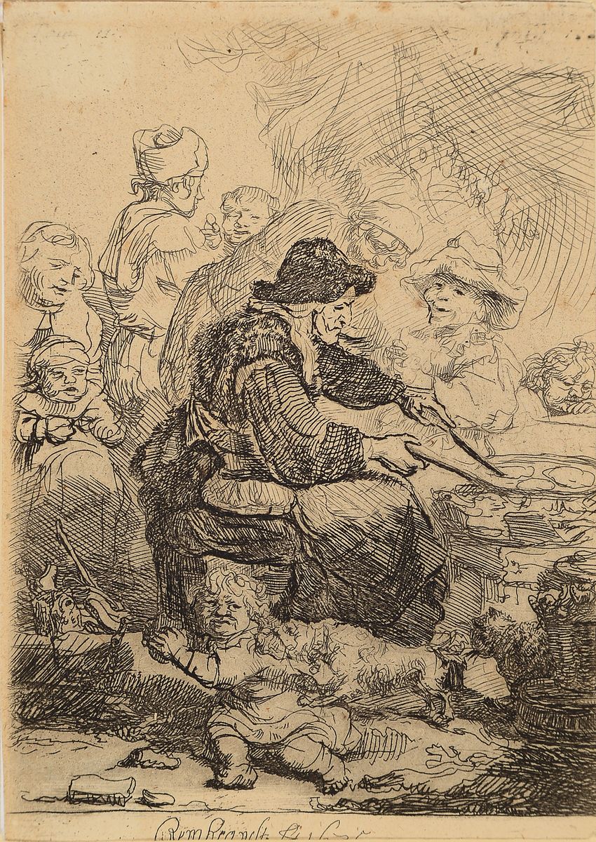 Rembrandt Harmensz van Rijn, 1606 Leiden-1669 Amsterdam, Kaltnadelradierung, "Die Pfannkuchenbäckerin" (1635), späterer Abzug, 11x7,9cm ...