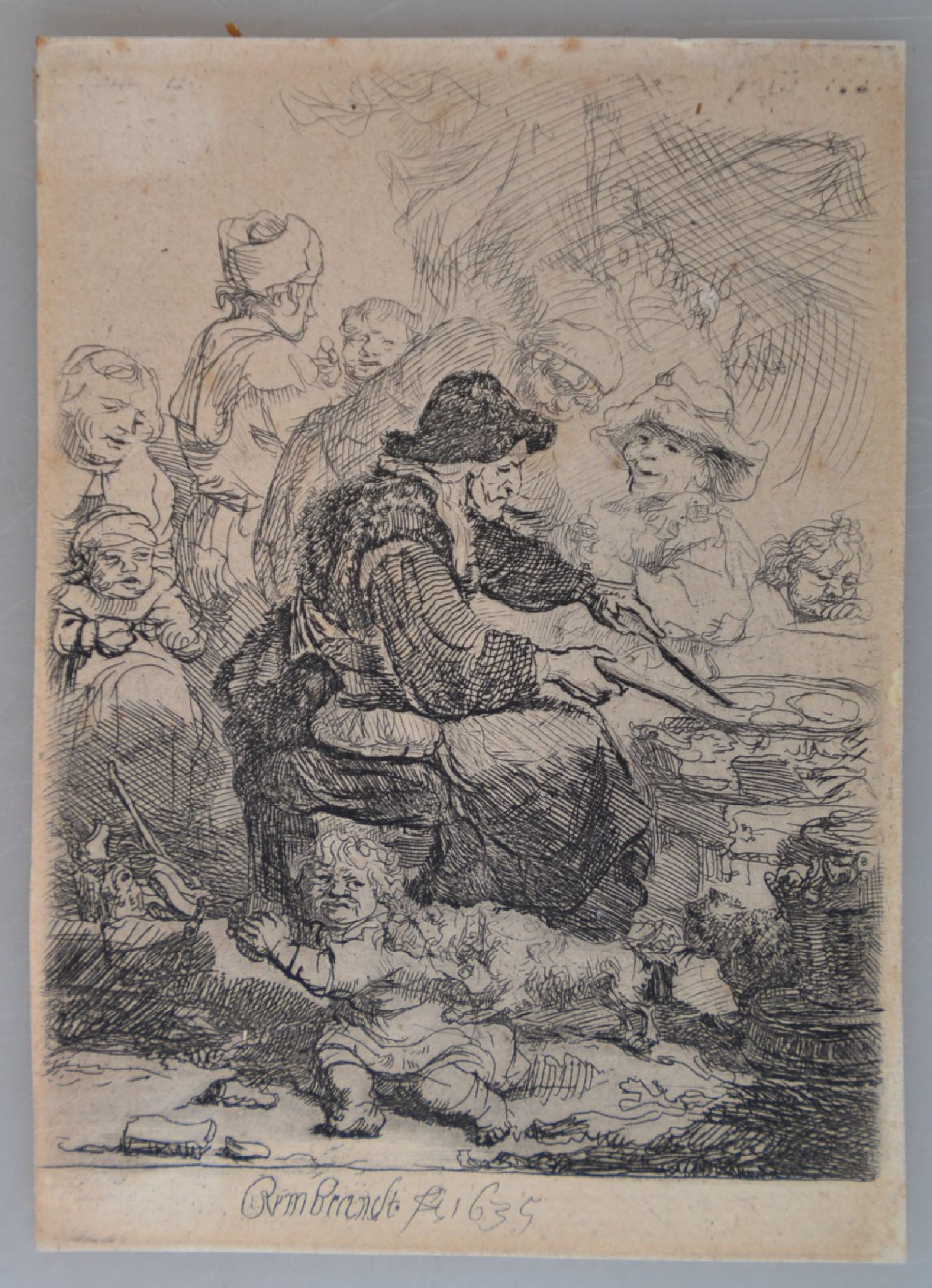 Detail b: Rembrandt Harmensz van Rijn, 1606 Leiden-1669 Amsterdam, Kaltnadelradierung, "Die Pfannkuchenbäckerin" (1635), späterer Abzug, 11x7,9cm ...