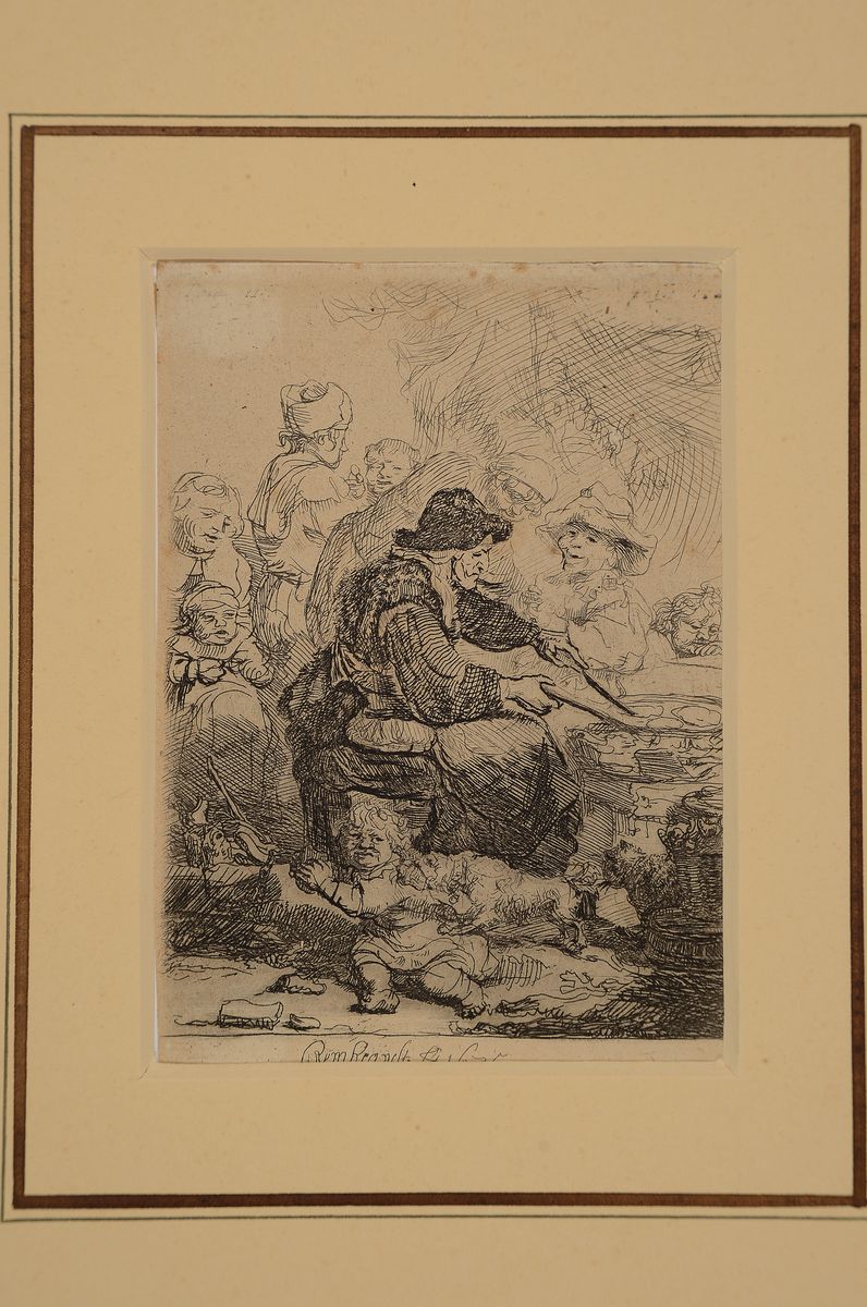 Detail k: Rembrandt Harmensz van Rijn, 1606 Leiden-1669 Amsterdam, Kaltnadelradierung, "Die Pfannkuchenbäckerin" (1635), späterer Abzug, 11x7,9cm ...
