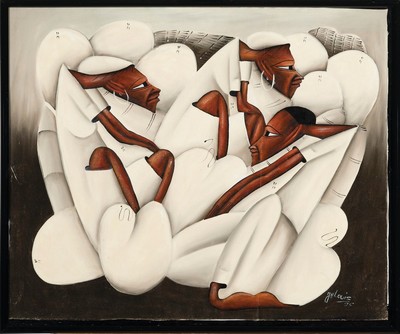 26570413k - JN Louis, contemporary artist, entwined group of Africans, signed and dated lower right (19)95, oil/canvas, frame, 51x61 cm