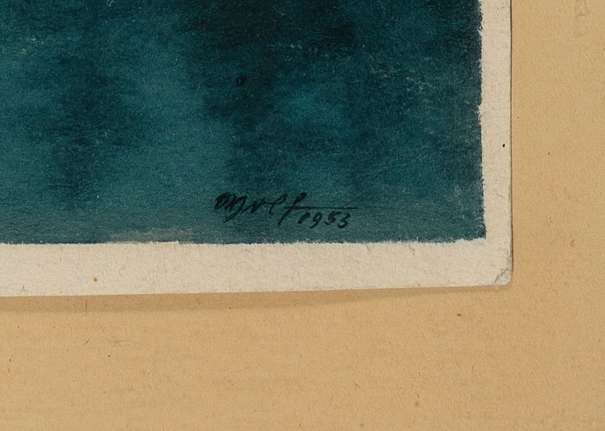 Detail a: Karl Wolf, 1901-1993, Aquarell, winterliche Vollmondnacht, anhand der Datierung im Umkreis des Chiemgauer Bauernlandes, blaues Kolorit, signiert u. ...