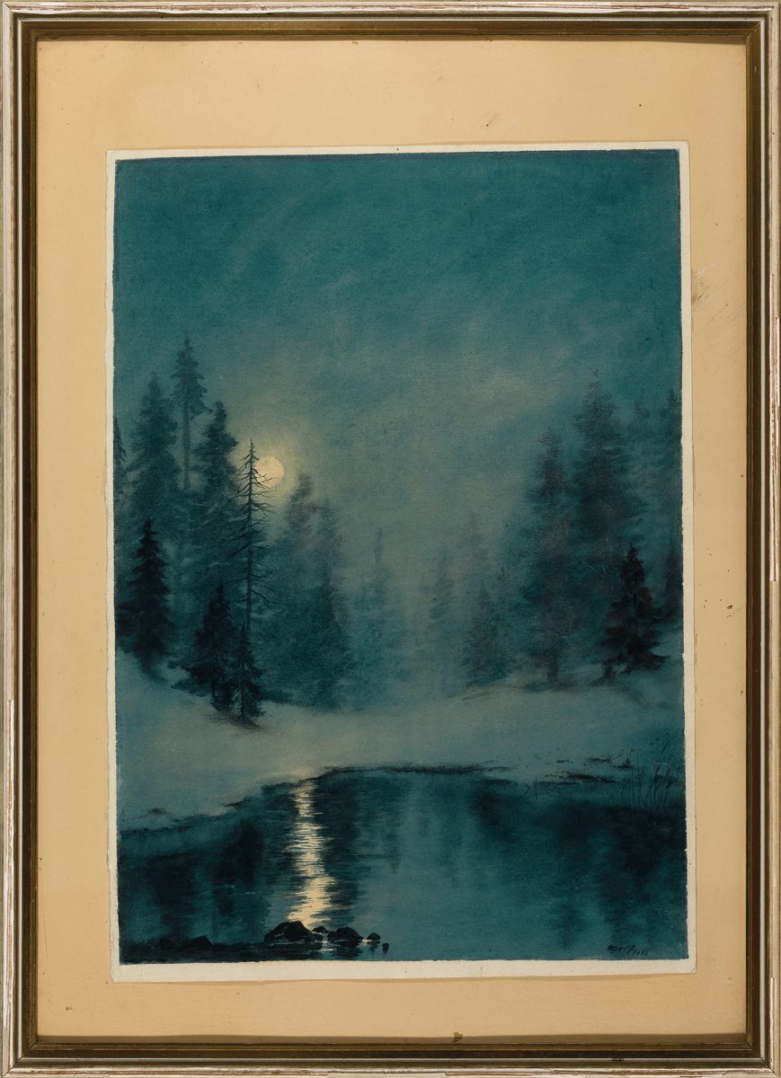 Detail k: Karl Wolf, 1901-1993, Aquarell, winterliche Vollmondnacht, anhand der Datierung im Umkreis des Chiemgauer Bauernlandes, blaues Kolorit, signiert u. ...