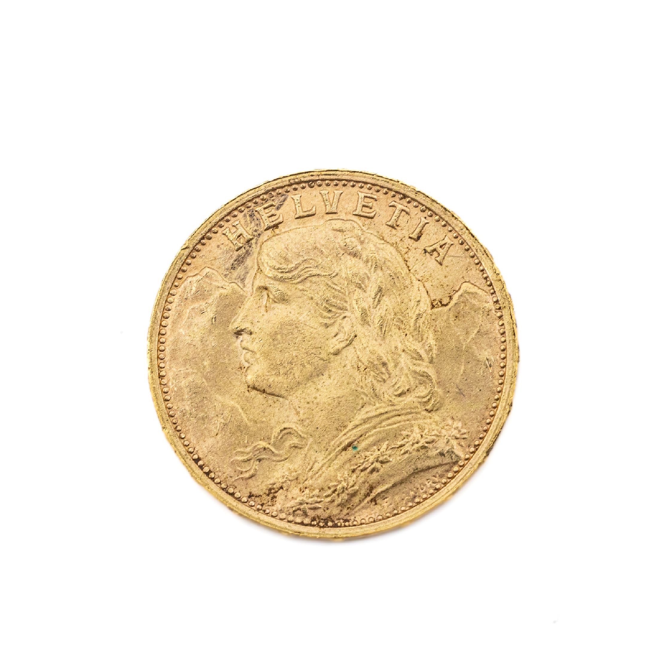 Goldmünze 20 Franken, Schweiz 1925, sogn. Vreneli, Helvetia, Prägemarke B
