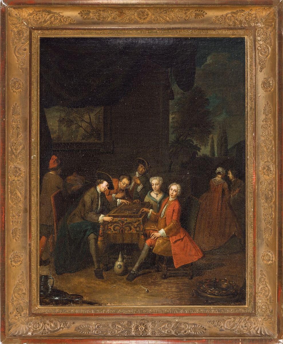 Detail k: Unbekannter Künstler, wohl süddeutsch, Mitte/Ende 17.Jh., höfische Gesellschaft beim Tric Trac-spielen, stark nachgedunkelter Hintergrund mit ...