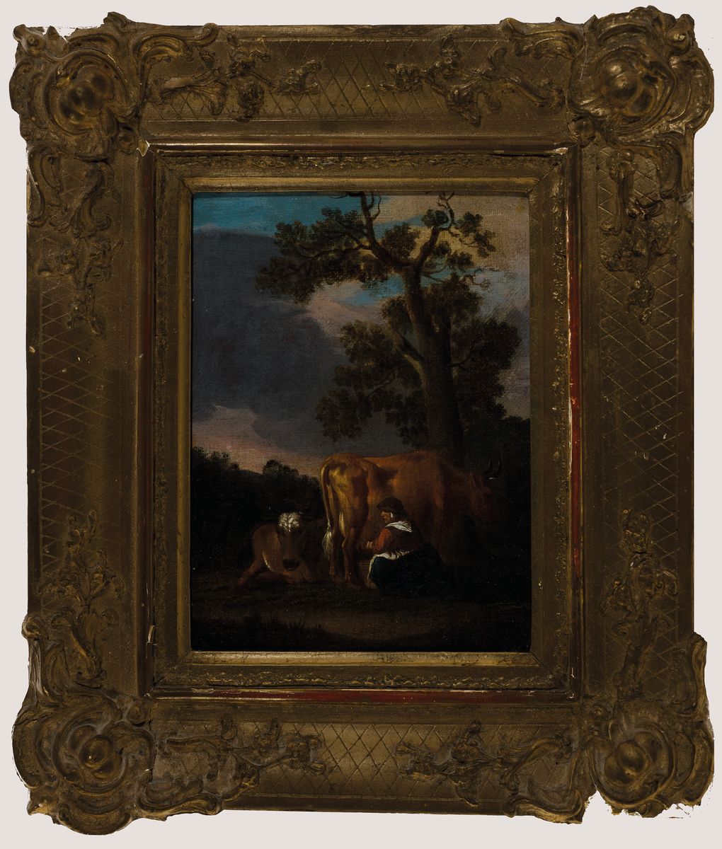Detail k: Niederländischer Künstler, um 1800/1820, Bäuerin mit Tieren, Öl/Lwd/Holz, unsigniert, Altersspuren, ca. 21 x 16 cm, Rahmen besch.