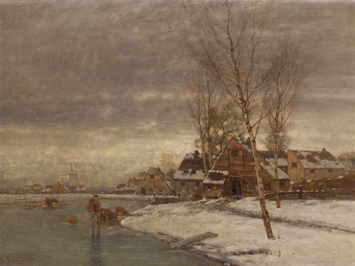 Niederländischer Künstler, um 1900, winterliche Flußlandschaft mit Personen, li. unten unleserlich signiert, stimmungsvolle Lichtgestaltung, ...