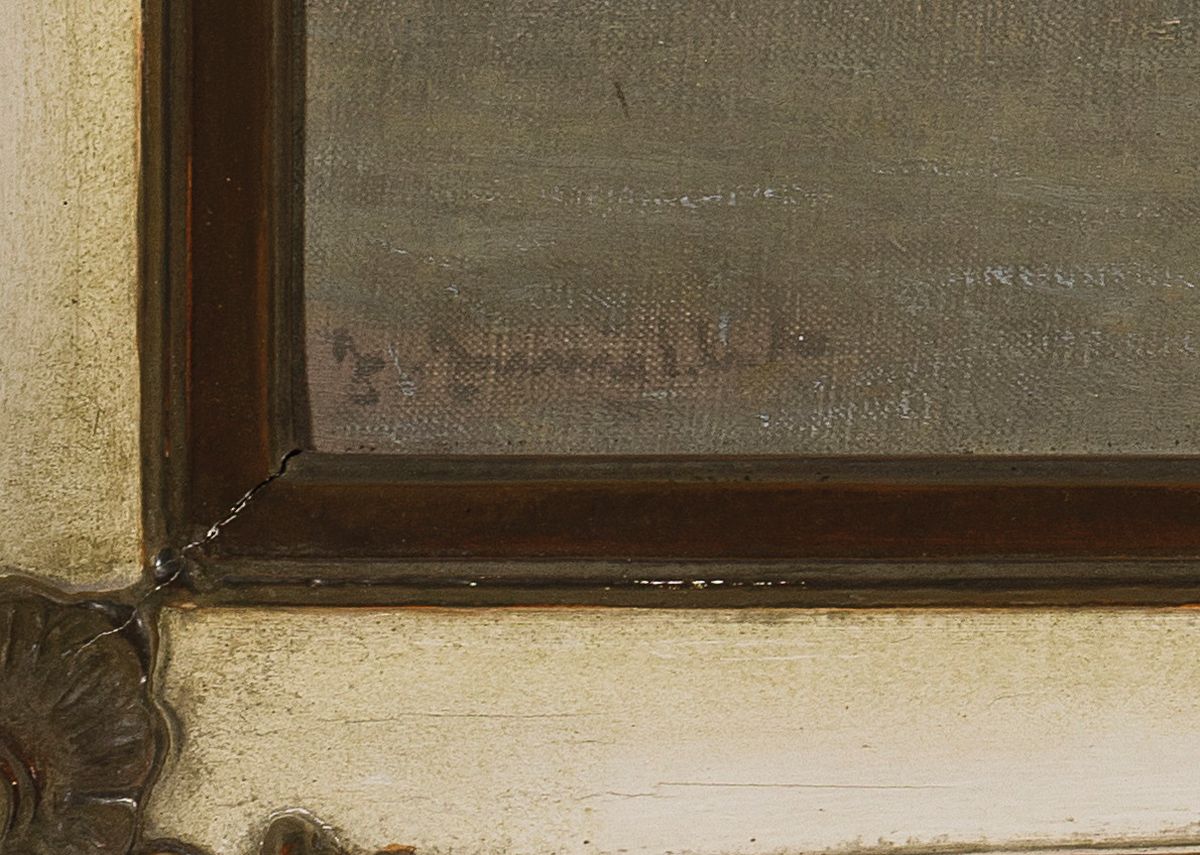 Detail a: Niederländischer Künstler, um 1900, winterliche Flußlandschaft mit Personen, li. unten unleserlich signiert, stimmungsvolle Lichtgestaltung, ...