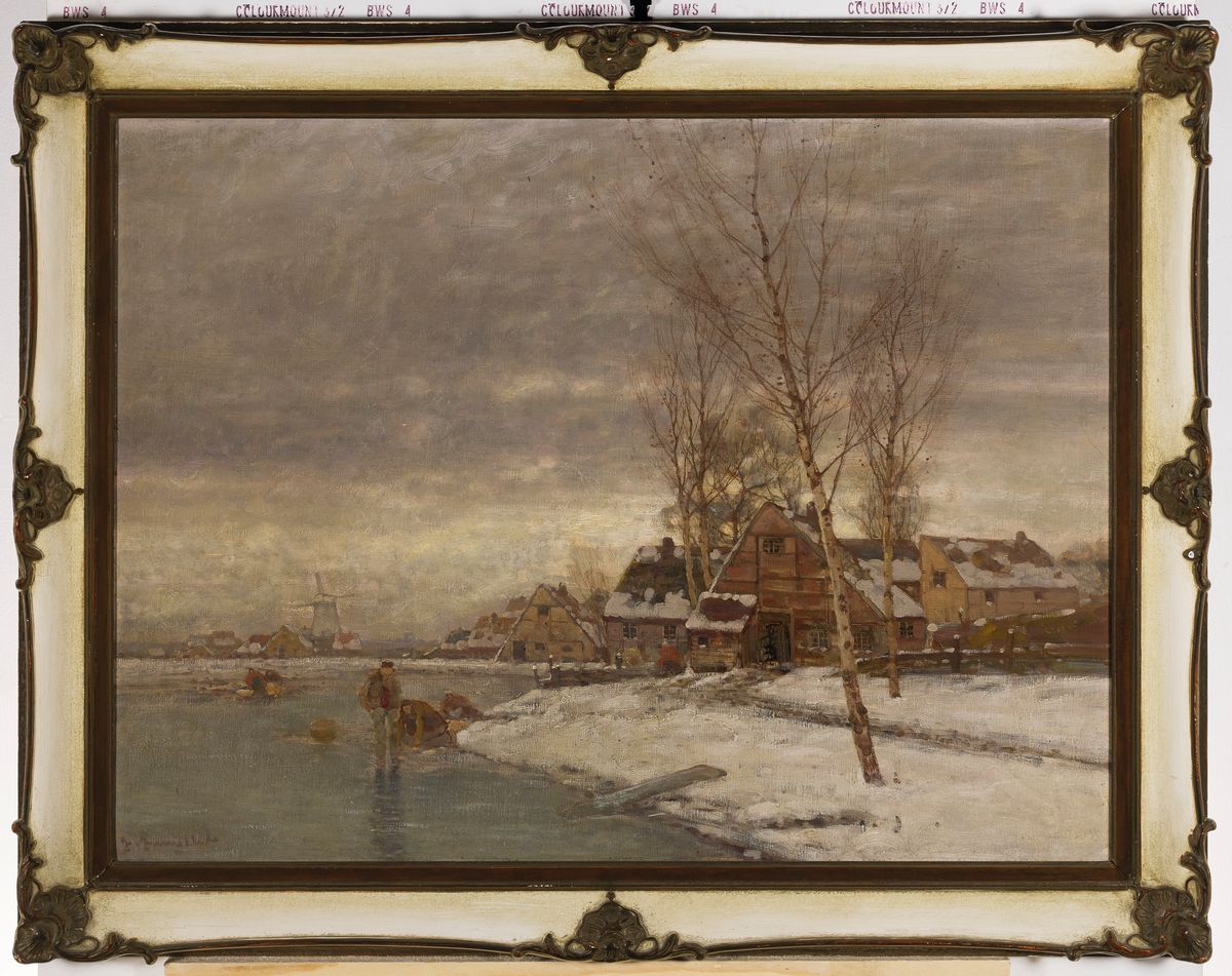 Detail k: Niederländischer Künstler, um 1900, winterliche Flußlandschaft mit Personen, li. unten unleserlich signiert, stimmungsvolle Lichtgestaltung, ...