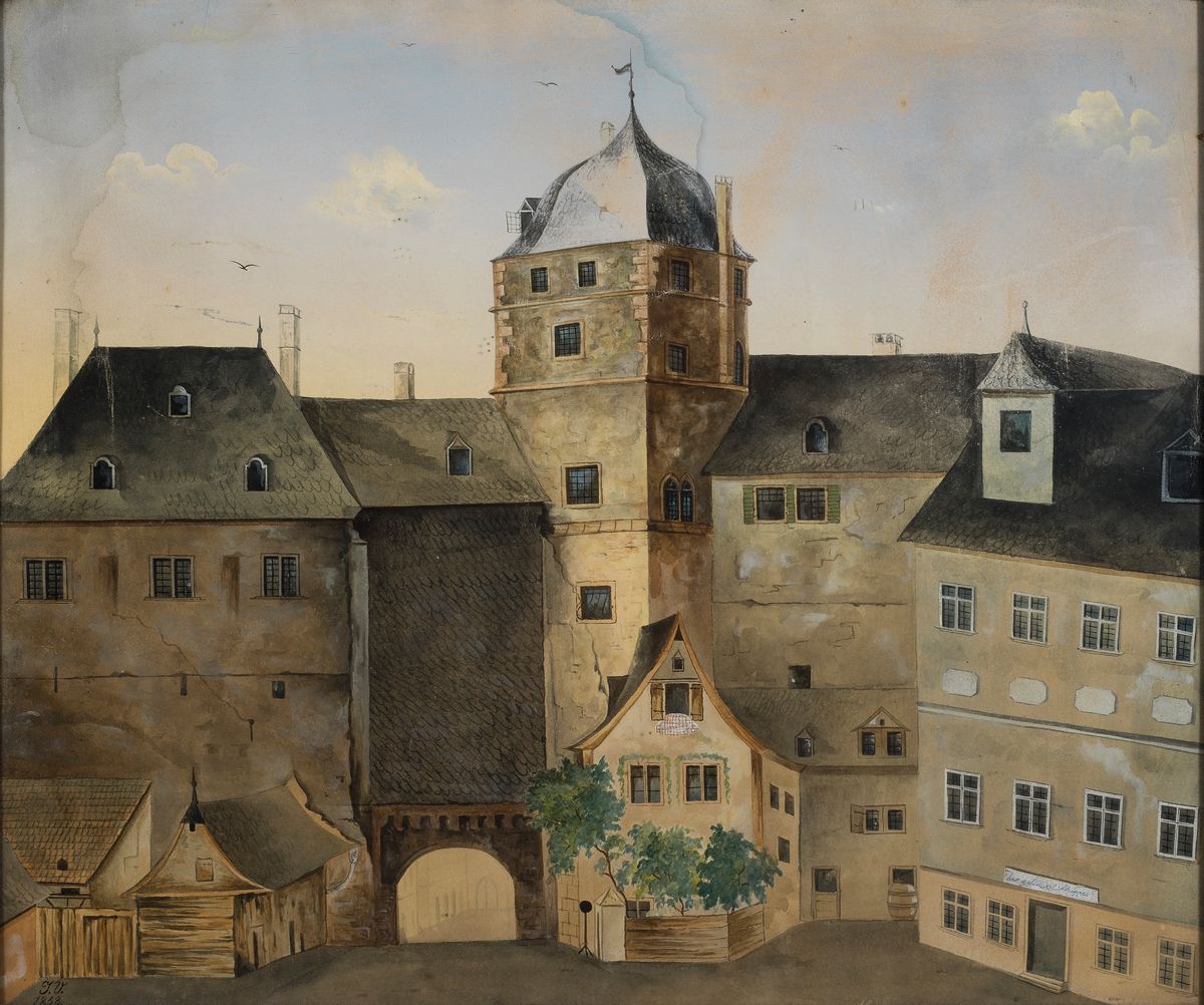 Monogrammist J.V., datiert 1858, wohl historisch Ansicht aus Mainz, Blick auf den Eisenturm mit Umbauung des 19.Jh., rechts Gasthaus "Zur ...