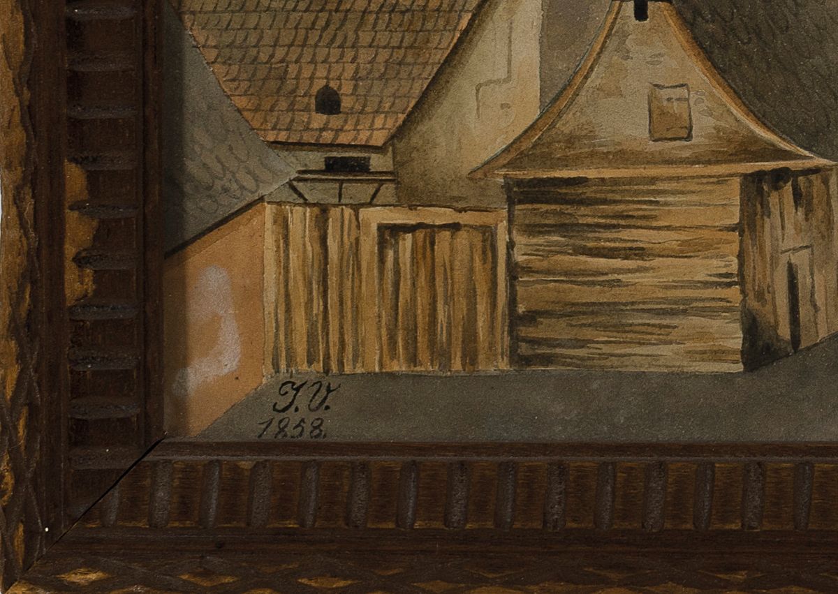 Detail a: Monogrammist J.V., datiert 1858, wohl historisch Ansicht aus Mainz, Blick auf den Eisenturm mit Umbauung des 19.Jh., rechts Gasthaus "Zur ...