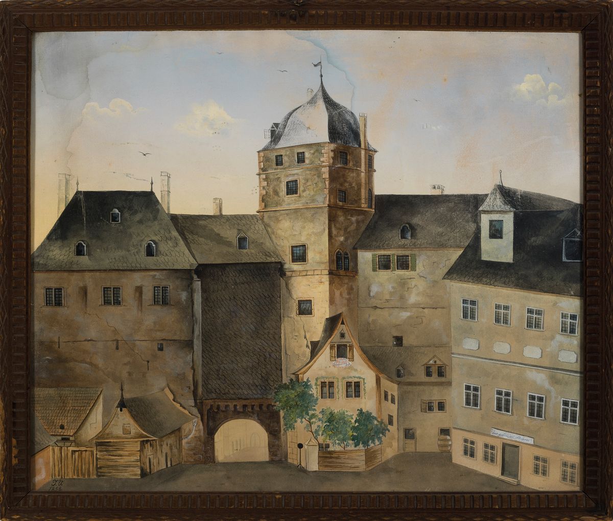 Detail k: Monogrammist J.V., datiert 1858, wohl historisch Ansicht aus Mainz, Blick auf den Eisenturm mit Umbauung des 19.Jh., rechts Gasthaus "Zur ...