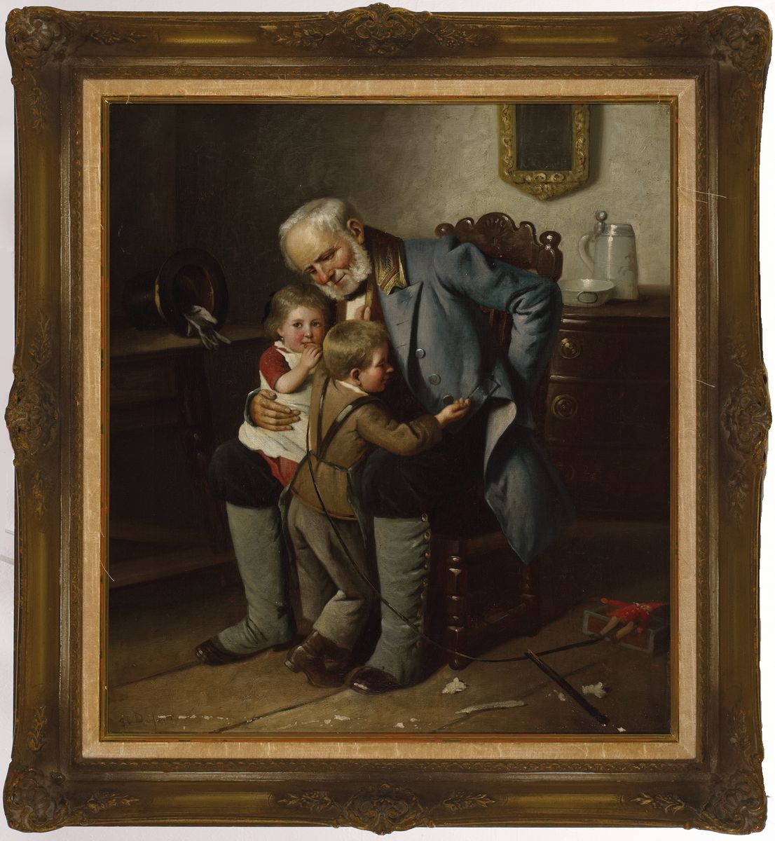 Detail k: Kopist nach Berthold Woltze, um 1900/10, Umarmung des Großvaters, Öl/Lwd., re. unten unleserlich signiert Ch. Ruf..(o.ä., ungedeutet), mit ...