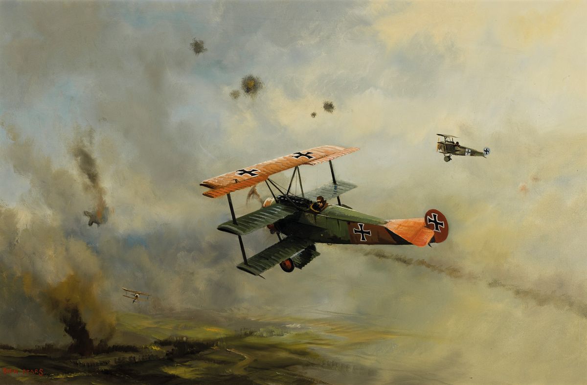 Dion Pears, 1929 Richmond-1985, Luftgefecht im 1.Wk., Anderthalbdecker mit den Hoheitszeichen der deutschen Fliegertruppe, umgeben von Explosionen ...