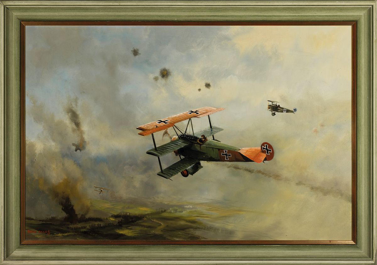 Detail k: Dion Pears, 1929 Richmond-1985, Luftgefecht im 1.Wk., Anderthalbdecker mit den Hoheitszeichen der deutschen Fliegertruppe, umgeben von Explosionen ...