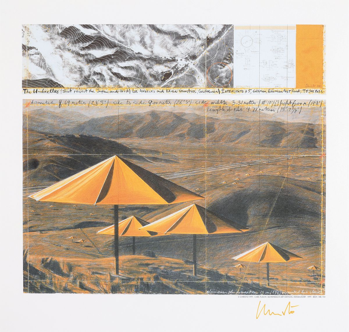 Christo, "The Umbrellas", Hrsg.: Achenbach rt Edition 1991, Offsetlitho auf mattem Karton, mit gelben Stift handsign., Blattgr.49x51 cm, R. ...