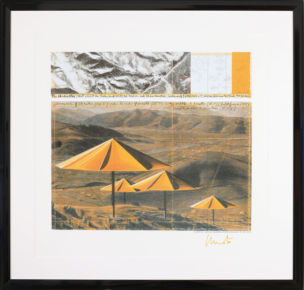 Detail k: Christo, "The Umbrellas", Hrsg.: Achenbach rt Edition 1991, Offsetlitho auf mattem Karton, mit gelben Stift handsign., Blattgr.49x51 cm, R. ...