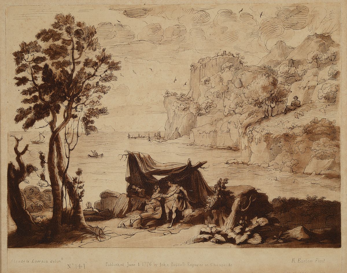 Richard Earlom (1743-1822) nach Claude Lorrain, Mezzotintoradierung in Sepia, Motiv nach Lorrain: Küstenlandschaft mit Acis und Galatea (1657), ...
