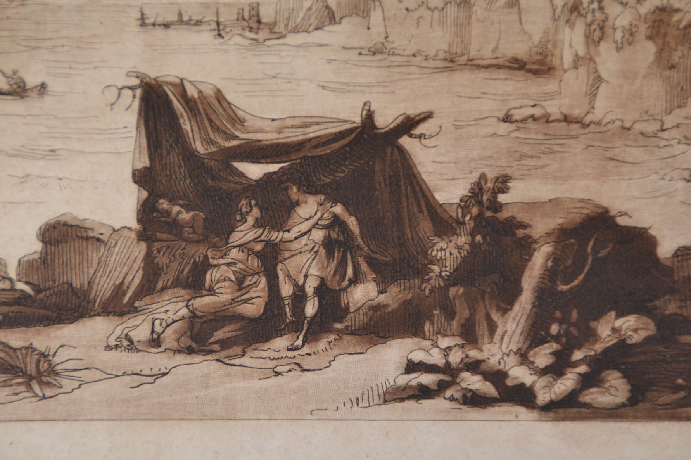Detail c: Richard Earlom (1743-1822) nach Claude Lorrain, Mezzotintoradierung in Sepia, Motiv nach Lorrain: Küstenlandschaft mit Acis und Galatea (1657), ...