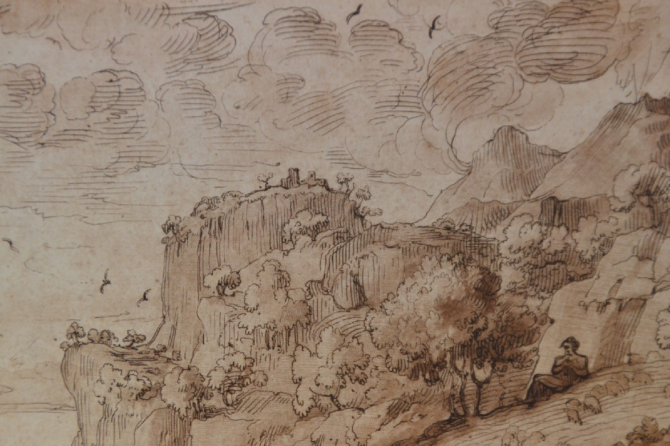Detail d: Richard Earlom (1743-1822) nach Claude Lorrain, Mezzotintoradierung in Sepia, Motiv nach Lorrain: Küstenlandschaft mit Acis und Galatea (1657), ...