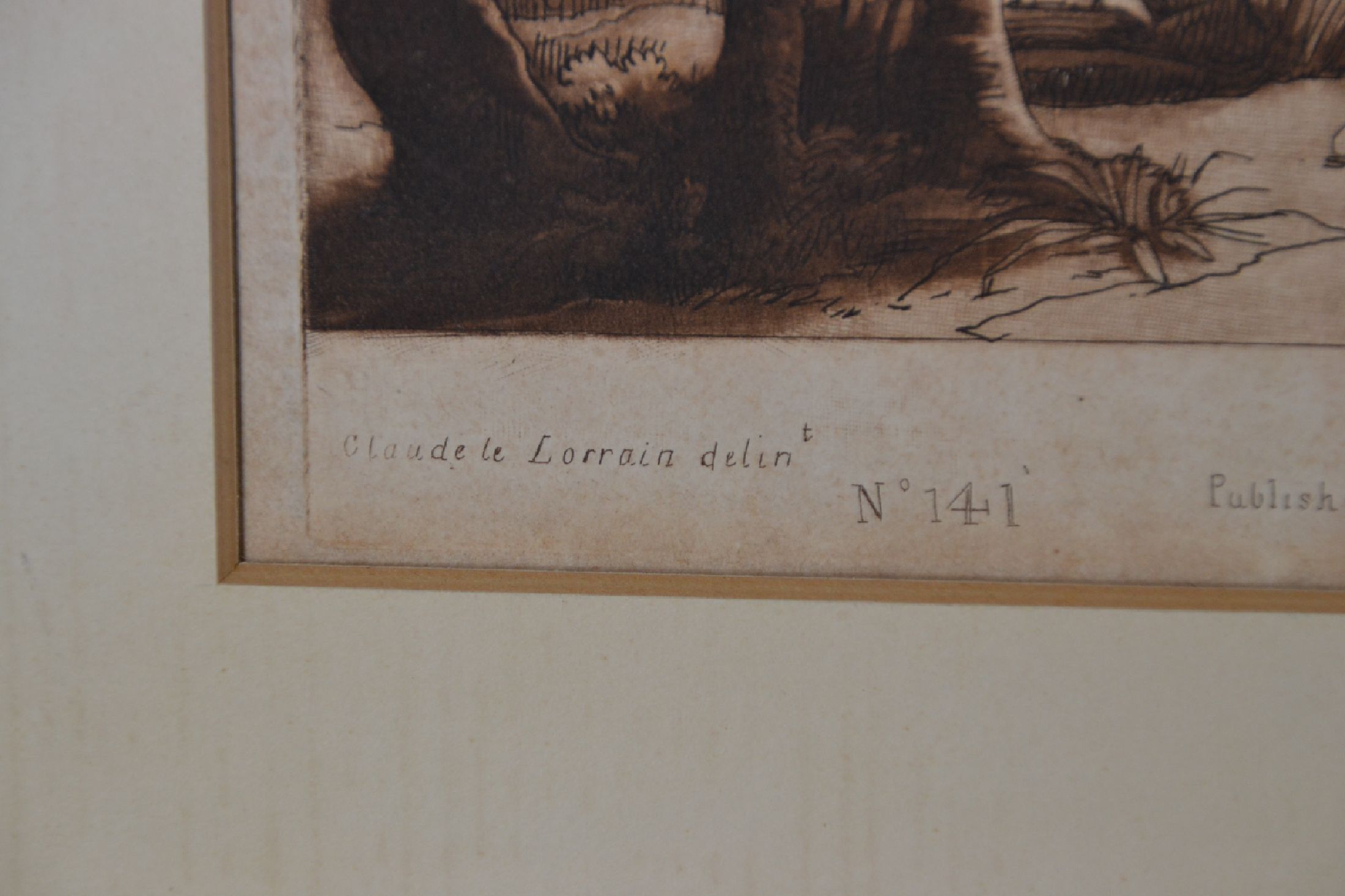 Detail e: Richard Earlom (1743-1822) nach Claude Lorrain, Mezzotintoradierung in Sepia, Motiv nach Lorrain: Küstenlandschaft mit Acis und Galatea (1657), ...