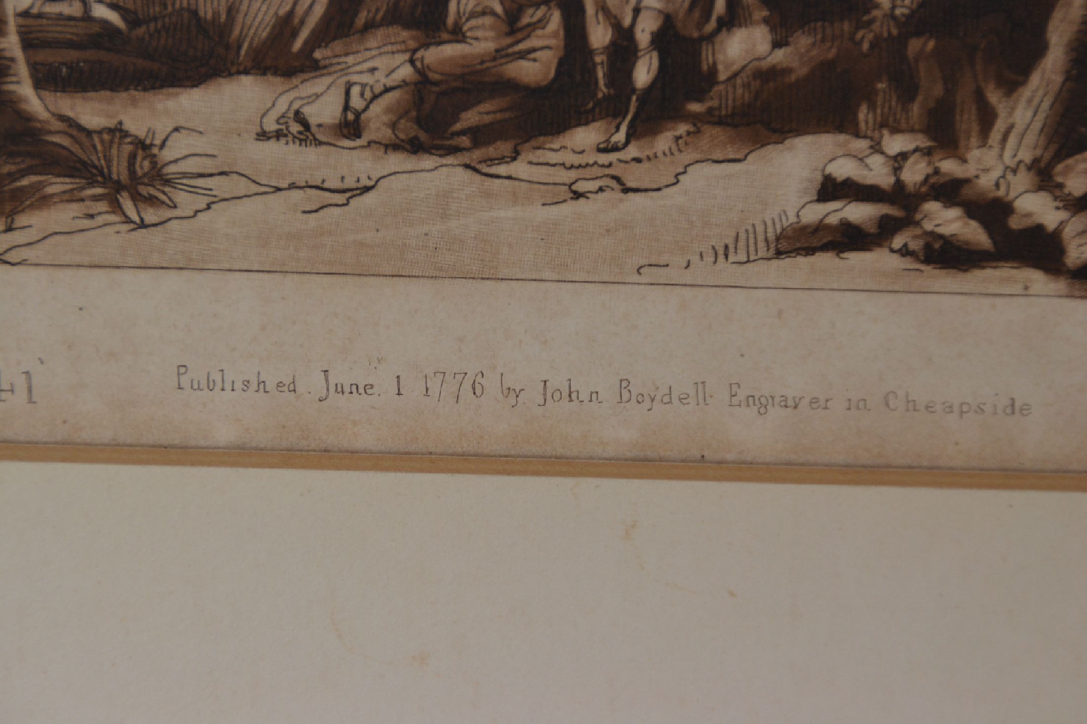 Detail f: Richard Earlom (1743-1822) nach Claude Lorrain, Mezzotintoradierung in Sepia, Motiv nach Lorrain: Küstenlandschaft mit Acis und Galatea (1657), ...
