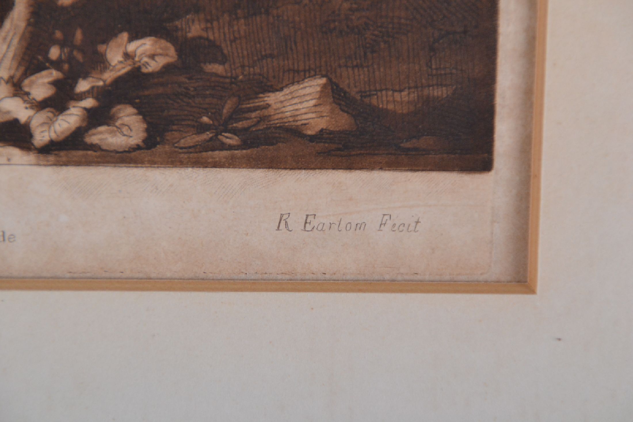 Detail g: Richard Earlom (1743-1822) nach Claude Lorrain, Mezzotintoradierung in Sepia, Motiv nach Lorrain: Küstenlandschaft mit Acis und Galatea (1657), ...