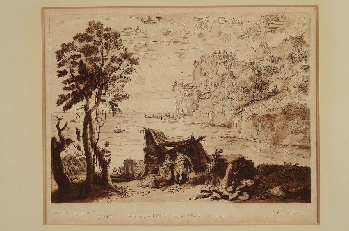 Detail k: Richard Earlom (1743-1822) nach Claude Lorrain, Mezzotintoradierung in Sepia, Motiv nach Lorrain: Küstenlandschaft mit Acis und Galatea (1657), ...