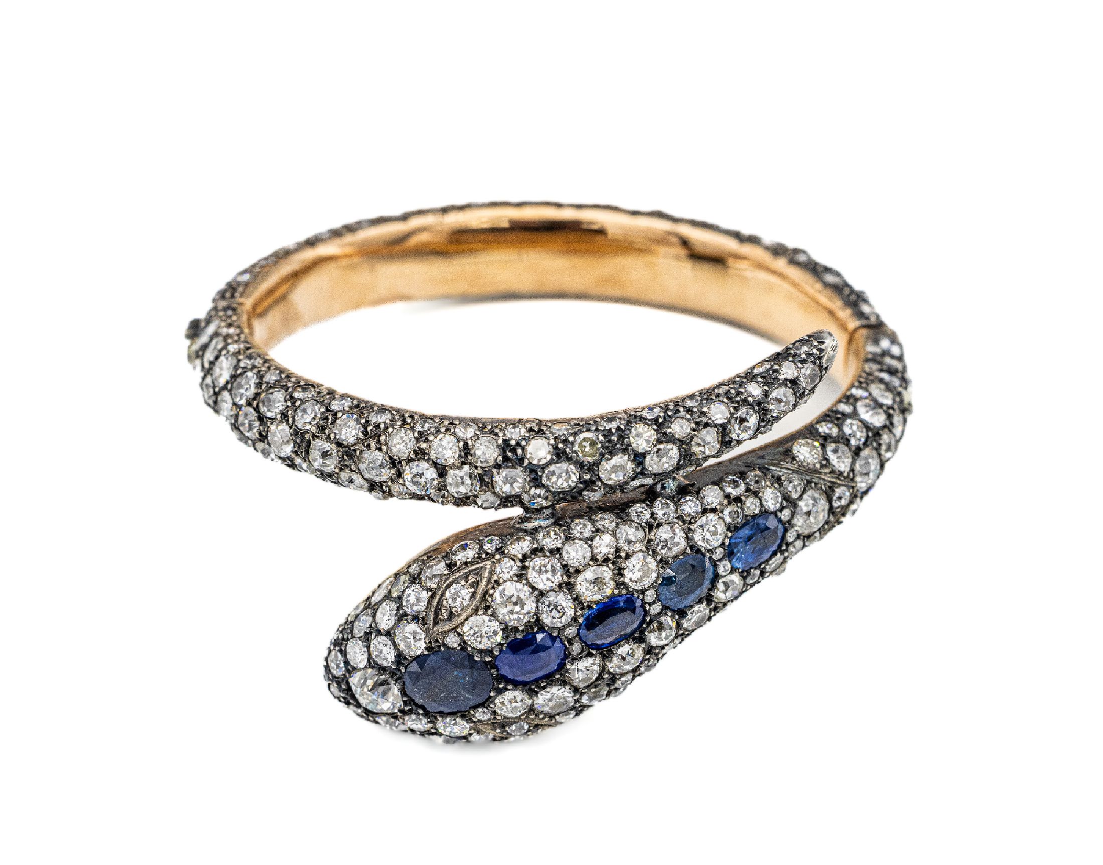 18 kt Gold und Silber Diamant- Schlangenarmreif, wohl deutsch um 1860/70, GG 750/000 und Silber, reicher Diamantbesatz zus. ca. 40.97 ct ...