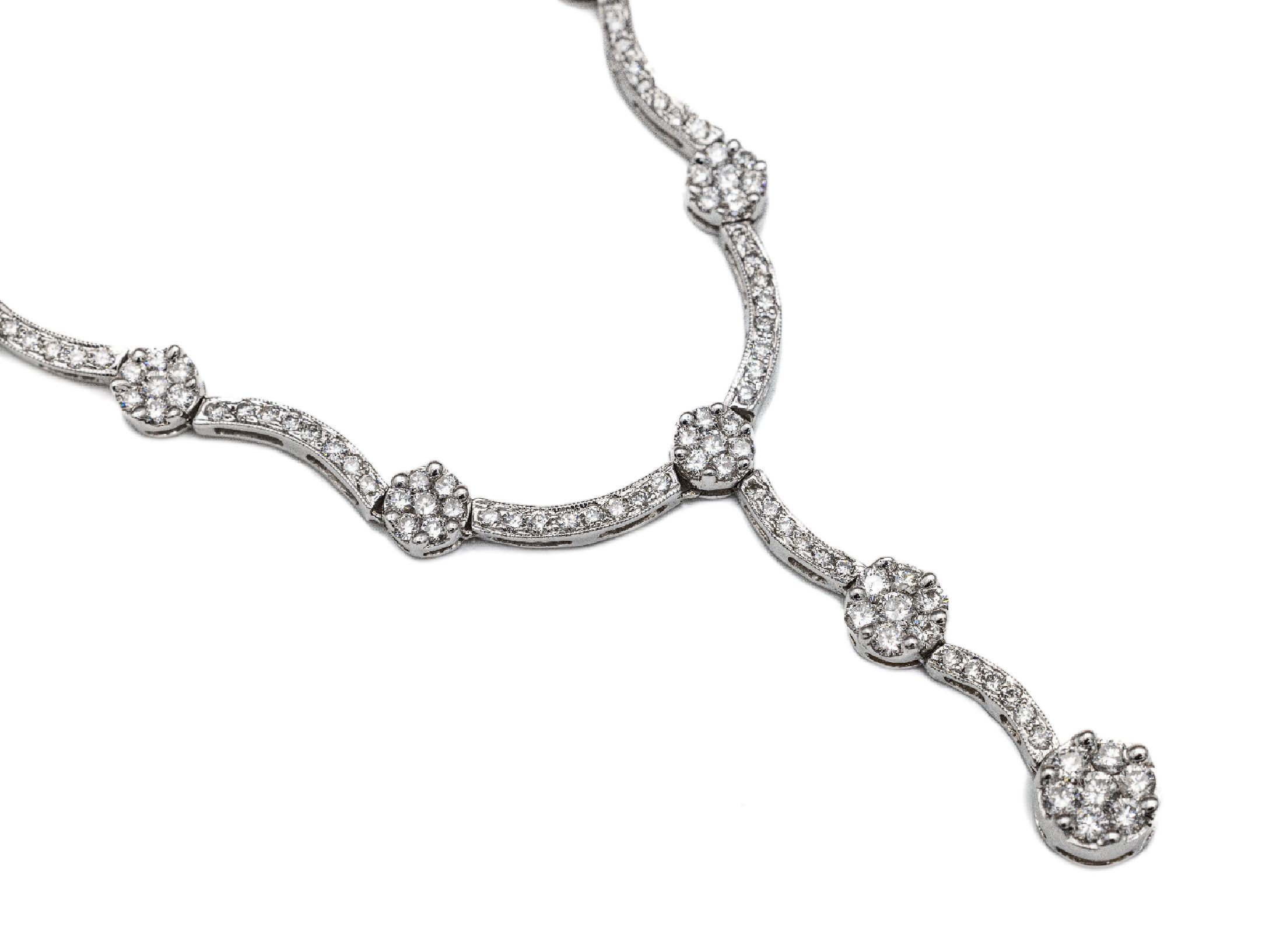 14 kt Gold Brillant-Collier, WG 585/000, Brillanten zus. ca. 2.60 ct Weiß/si, L. ca. 42cm, Kastenschloß mit Sicherheitsacht, ca. 19.56