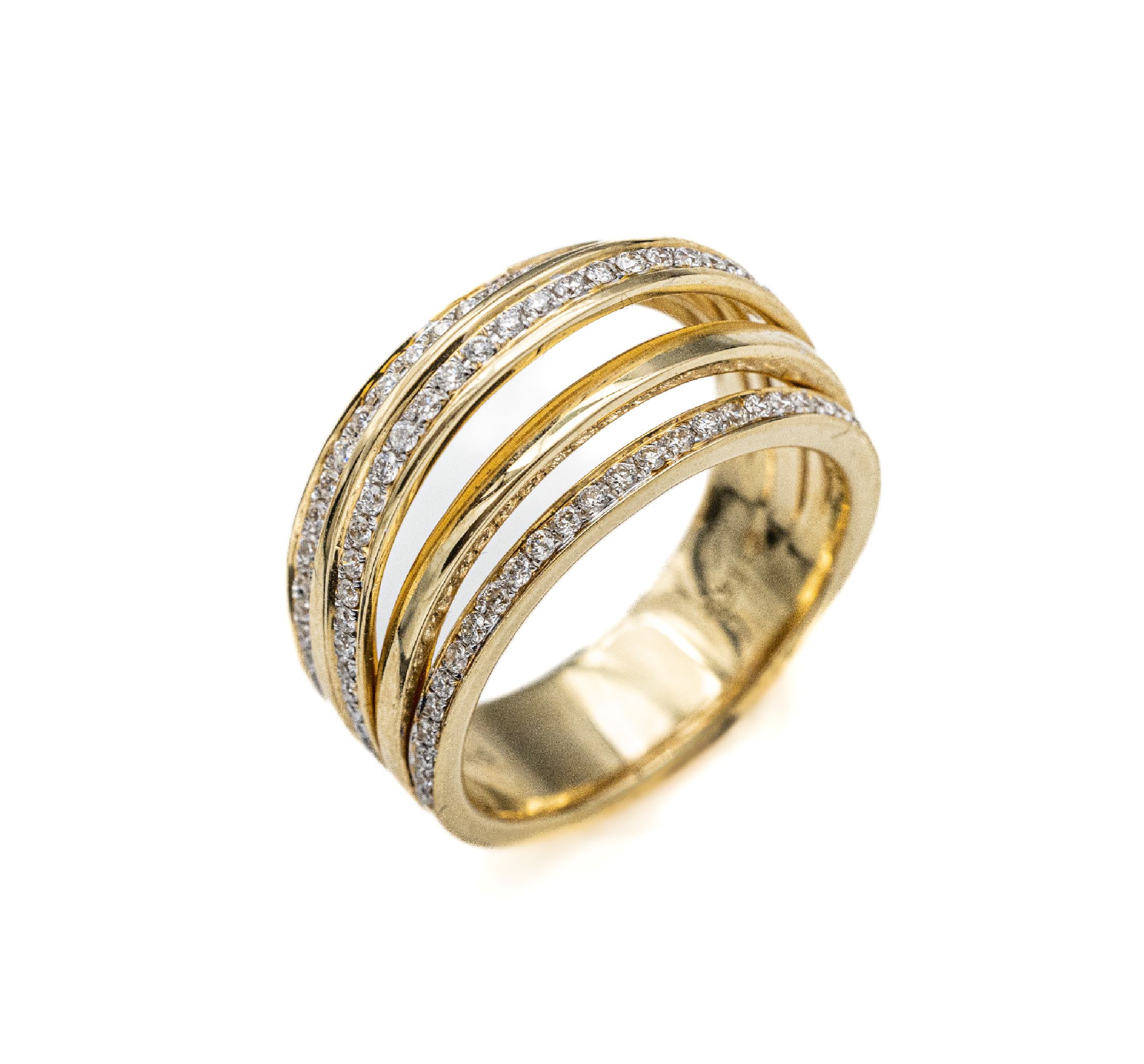 14 kt Gold Brillant-Ring, GG 585/000, Ringkopf in 6 einzelnen Schienen in versch. Ebenen, 91 Brillanten zus. ca. 0.51 ct Weiß/si, RW 56, ca. 10.2 g