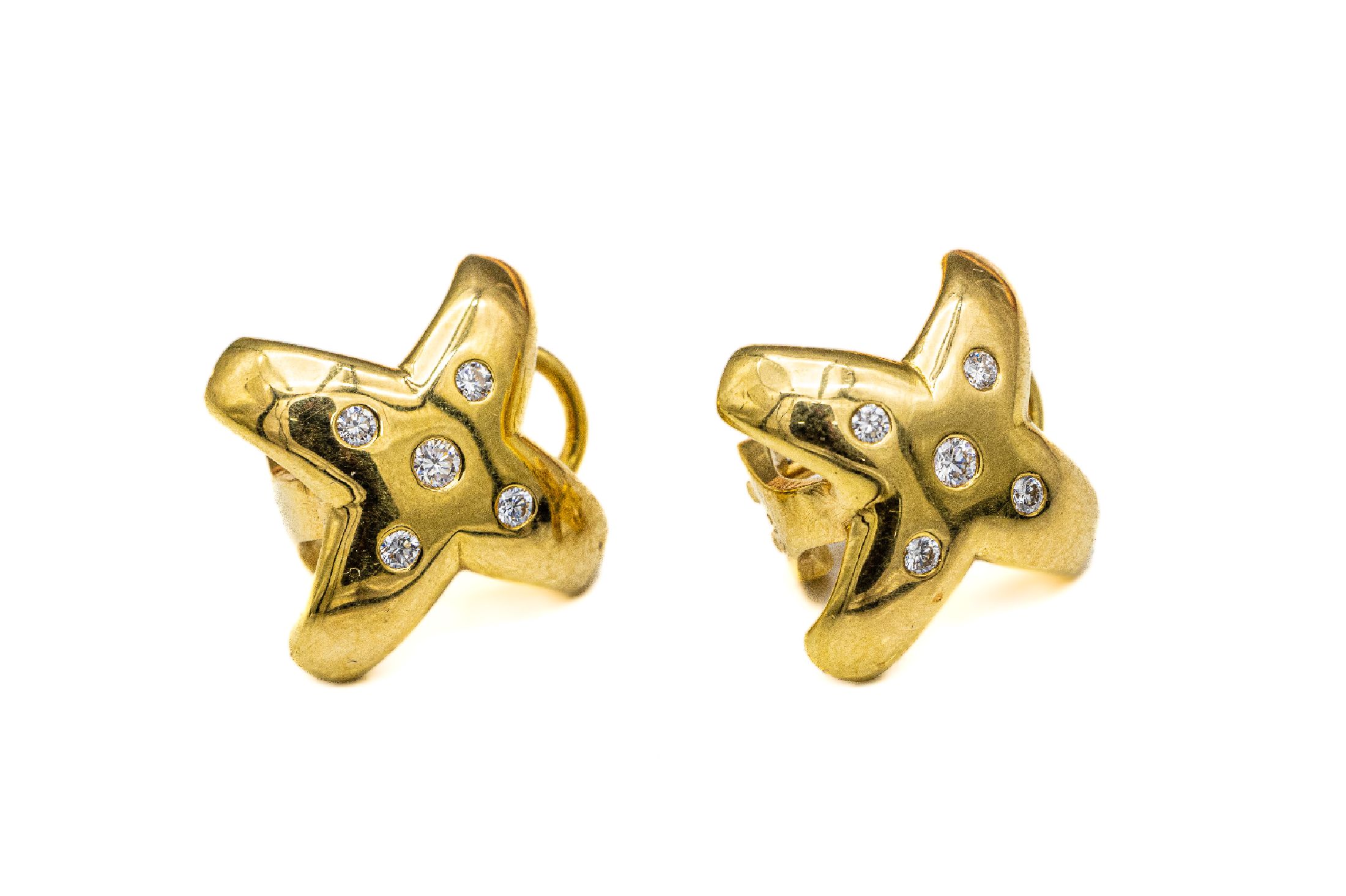 Paar 18 kt Gold Brillant-Ohrstecker, GG 750/000, kreuzf., insg. 10 Brillanten zus. ca. 0.30 ct (grav.) Weiß/si, ca. 1.5 x 1.5 cm,ca. 8.9 g, ...