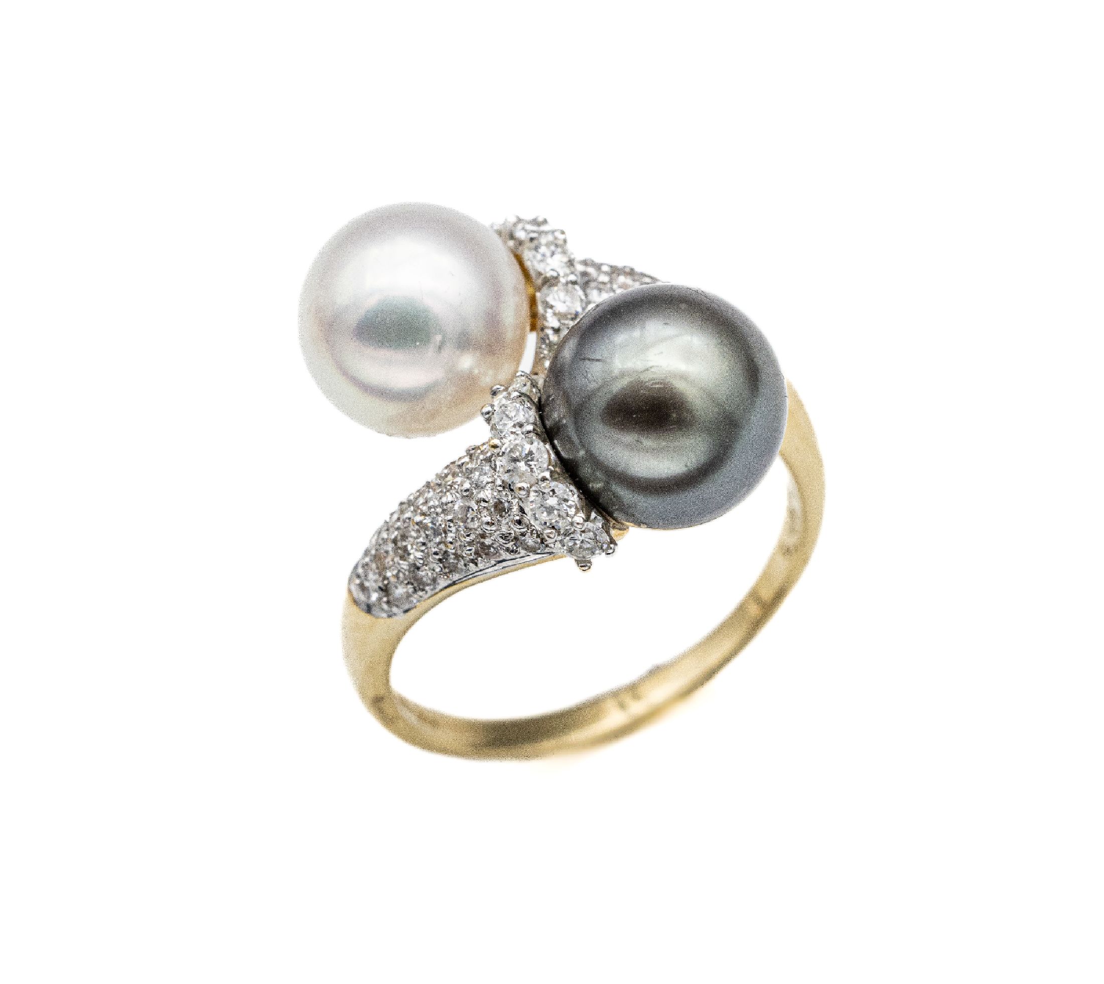 14 kt Gold Perl-Brillant-Ring, GG 585/000, 1 graue Tahitizuchtperle und 1 AkoyazuchtperleD. ca. 10 mm, 55 Brillanten zus. ca. 1.08 ct Weiß/si-p, RW ...