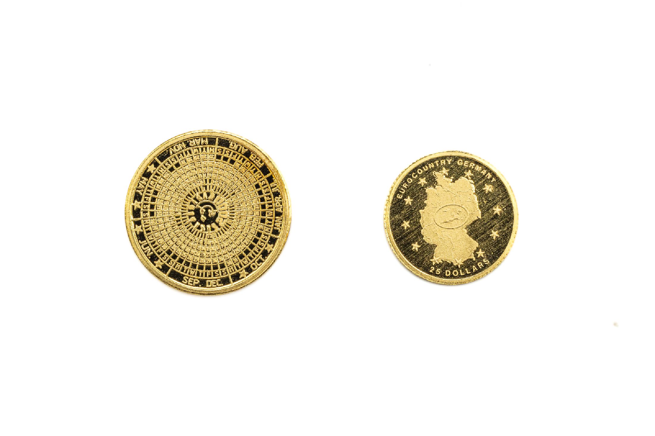 Detail a: Konvolut 2 Goldmedaillen, 1 x "Europa Kalender 2000" in Gold, GG 585/000, 1111 Kompl.-Editionen, 1.56 g, in Kapsel; 1 x 25 Dollar Euroland ...
